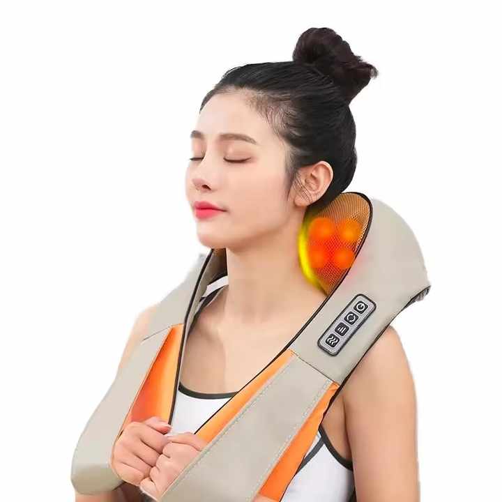 NNEDSZ Portable Kneading Neck and Shoulder Massager with Heat - Four-Button Design, Beige-0